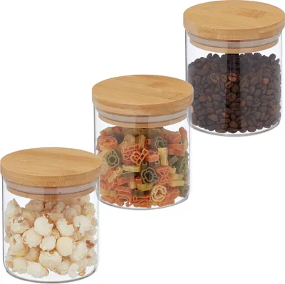 Produktbild von Relaxdays Vorratsgläser mit Bambusdeckel, 3er Set, kleine Vorratsdosen aus Glas, 500 ml, luftdicht, transparent/natur