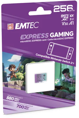 Produktbild von EMTEC, MicroSDXC Karte 256 GB UHS-I U3 V30 A1 Express Gaming, kompatibel mit Nintendo Switch 2, hohe Geschwindigkeit bis zu 880 Mb/s, erweiterter Speicher, ideal für Spiele und Anwendungen – Größe 256