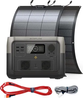 Produktbild von EcoFlow River 2 Max Set Powerstation inkl. 2x Solarpanel Flexibel 100 W, USB-Schnellladekabel