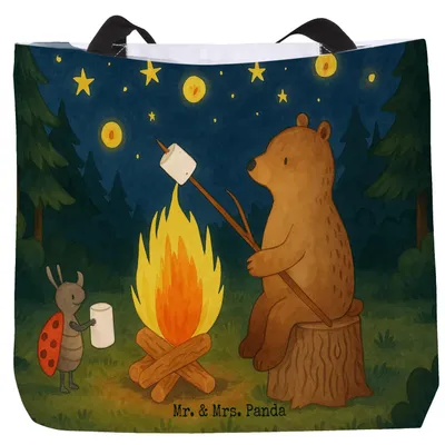 Produktbild von Mr. & Mrs. Panda Strandtasche Bär & Marienkäfer Lagerfeuer Design - Weiß - Geschenk, Schultasche, Tasche, Teddy, Reisetasche, studententasche, Tote Bag