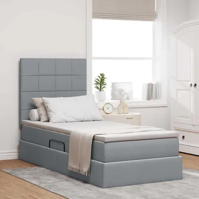 Image de Lit coffre exclusif avec matelas, couleur gris clair, dimensions 90 x 200 cm, revêtement en tissu