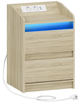 Productafbeelding van Nachtkastje met LED-verlichting - 1 stuk - 2 lades - USB-poorten en stopcontacten - Hout - Geschikt voor de slaapkamer