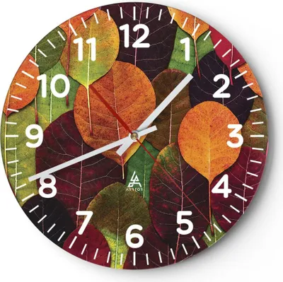 Produktbild von Wanduhr - Rund - Glasuhr - Herbst Blätter Grafiken - 40x40cm - Schleichendes Uhrwerk - Lautlos - zum Aufhängen bereit - Dekoration Modern - Wanddekoration aus Glas - C4AR40x40-4635