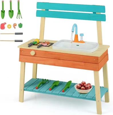 Imagen del producto de Cocina de juguete para exteriores, cocina de madera para niños con grifo y parrilla, incluye brochetas de madera, alimentos de juguete y accesorios de jardín. Cocina para exteriores para niños a partir de 3 años