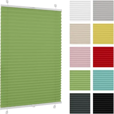 A collage of pleated blinds in various colors, with a large green blind prominently displayed on the left.