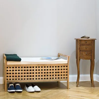 Produktbild von Hölzerner Sitzbank mit Naturweißem Linnenbezug - 2-sitziges Möbel für Küche, Flur oder Schlafzimmer mit Aufbewahrungskiste