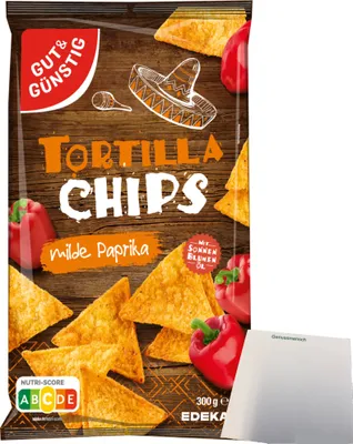 Produktbild von Gut & Günstig Tortillachips Mais-Chips mit Paprikageschmack (300g Packung) + usy Block