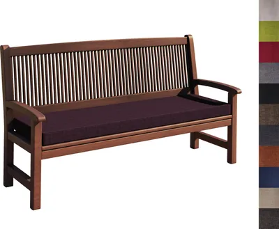 A wooden bench with a purple cushion, shown against a white background.