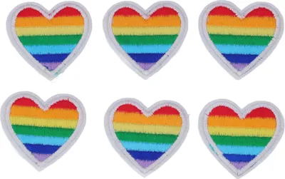 Produktbild von 6er Set Regenbogen-Herzaufnäher – weiße Einfassung, baumwolle, bügelbar oder annähbar, für Kleidung, Taschen & DIY – Dekoration & Reparatur