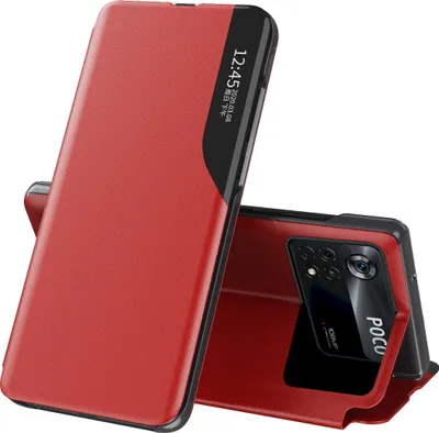 Produktbild von Hülle für Xiaomi Poco M4 Pro 4G Smart View Fenster Flip Stand Cover Kunstleder Schutzhülle Rot