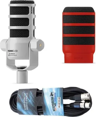 Produktbild von Rode Mikrofon Podmic USB Weiss mit WS14R Popschutz Rot und Kabel