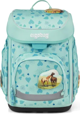 A teal Ergobag cubo backpack with a heart pattern and a horse graphic.