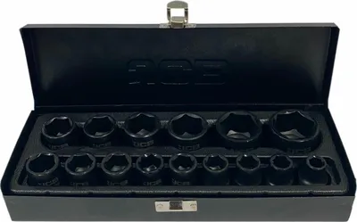 A set of black socket wrenches in a black metal case.