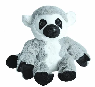 A stuffed toy lemur is sitting on a white background.
