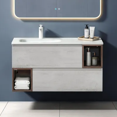 Image de doporro Meuble de Salle de Bain Gris Clair Ensemble de 2 Pièces Meuble avec Lavabo 100cm Design Gemini avec 2 Tiroirs
