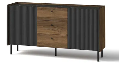 Image de Commode, buffet, meuble bas "Pereto" de 150x40x78 cm, en bois de noyer "Warmia" avec finition noire mate, avec 2 portes