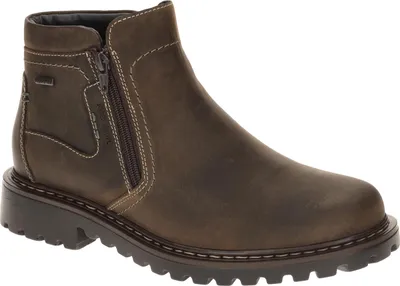 A single brown leather boot is shown against a white background.