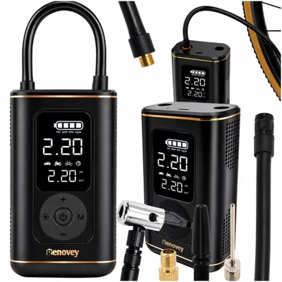 Produktbild von Renovey HT-0188 Elektrische Fahrradpumpe mit Kompressor, 150 PSI / 10,3 Bar, Tragbare Luftpumpe für Fahrrad, Auto und Motorrad, LCD-Display, USB-C