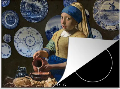 Produktbild von KitchenYeah© Herdabdeckplatte Milchmädchen - Das Mädchen mit dem Perlenohrring - Vermeer , 75x52cm, Küche Deko, Glaskeramikkochfeld Herdabdeckung, Abdeckplatte fùr Kochfeld