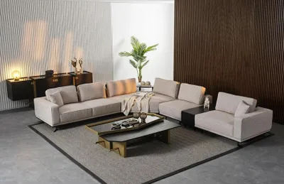 Produktbild von Beiges Ecksofa L-Form, 8-teilig, Modern, Mit Kissen, Couchtische