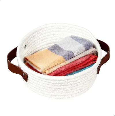 Imagen del producto de Cesta de almacenamiento redonda trenzada, plegable, 100% algodón natural, con asas de cuero, de 30 cm de diámetro