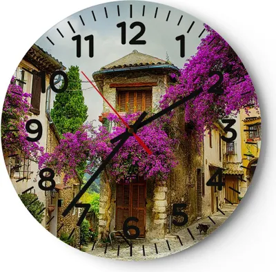 Produktbild von Wanduhr - Rund - Glasuhr - Straße Sommer Blumen - 40x40cm - Schleichendes Uhrwerk - Lautlos - zum Aufhängen bereit - Dekoration Modern - Wanddekoration aus Glas - C4AR40x40-3589