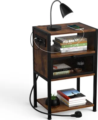 Image de Supfine Table de nuit avec tiroirs compartiment ouvert 2 prises USB brun