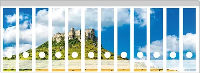 Produktbild von Wallario Ordnerrücken Sticker, selbstklebend für breite Ordner, 12 Stück, Motiv Alte Burg über Feldern