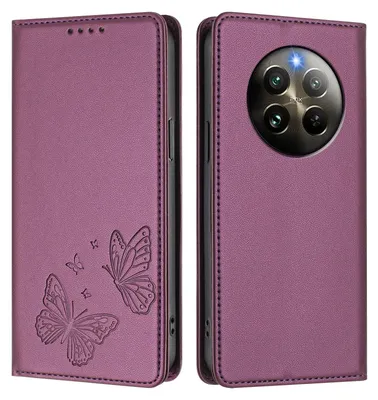 Produktbild von Lederhülle für Realme 13 4G, Schmetterling Prägung Leder Brieftasche Schutzhülle mit Ständer Lila