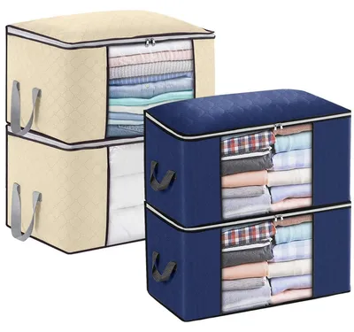Produktbild von 4er Set Aufbewahrungsboxen faltbar, 60x43x35cm, Vliesstoff, für Decken und Kleidung, mit Griffen und Sichtfenster