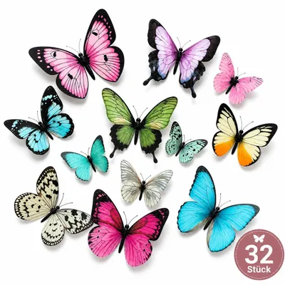 Produktbild von 32 Stück 3D-Schmetterlinge Wanddeko bunt – Wiederverwendbare Wandsticker Set, H079