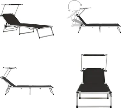 Image de vidaXL Chaise longue pliante avec protection solaire Aluminium et Textiline Noir - Chaise longue - Chaises longues - Bains de soleil