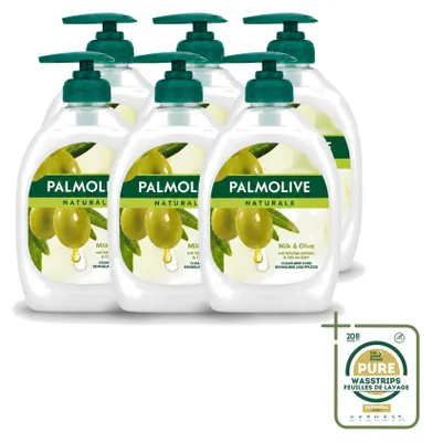 Immagine prodotto di 6 confezioni di sapone liquido per le mani Palmolive Naturals, profumato al latte e all'oliva, da 500 ml ciascuna. Confezione da 6 pezzi