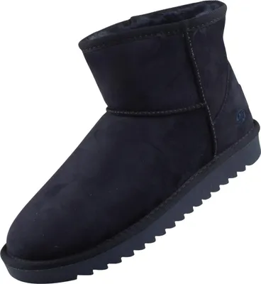 Auf dem Bild ist ein blauer Stiefel zu sehen der von der Seite fotografiert wurde. Der Stiefel hat eine hohe Form und ein auffälliges Design mit verschiedenen Texturen.
