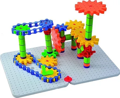 Produktbild von Bauspielzeug mit 344 Teilen, Kettengliedern, großem Zahnrad (Ø 12 cm), Anleitungsheft, Kunststoffkiste, mehrfarbig