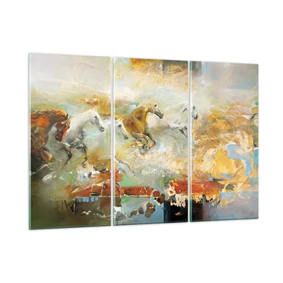 Produktbild von Bilder auf glas - 3 Teile - Pferde Galopp Modern - 105x70cm - Glasbilder - Wandbilder - Bilder - zum Aufhängen bereit - Wanddekoration aus Glas - Glas Bilder - Wandbild auf Glas - GCE105x70-4506