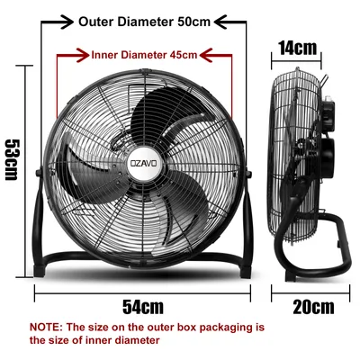Produktbild von OZMH45BK Bodenventilator Ø50cm Windmaschine 100 W Lüfter 3 Geschwindigkeitsstufen Standventilator Eisen Ventilator 110°-Oszillation Schwarz