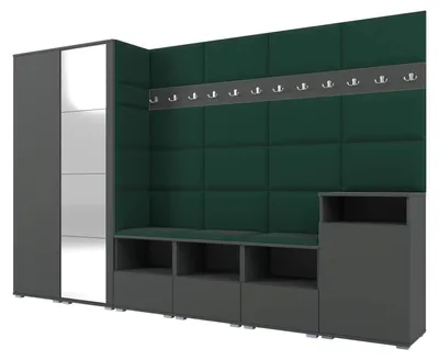 Produktbild von Garderobe NELA XII 300 cm Modulare Flurmöbel Graphit mit Spiegel & Sitzpolster Flaschengrün 28 (Gigantisches Set)