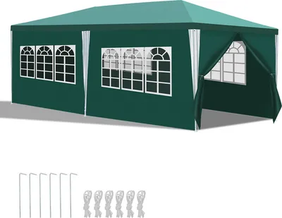A green tent with white window frames, shown from a side angle with the entrance open. Accessories are laid out below.