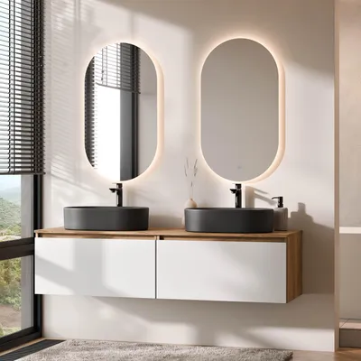 Produktbild von Planetmöbel ARISA Doppelwaschtisch 160 cm in Weiß mit 2 LED Spiegel und 2 schwarzen Keramik-Aufsatzwaschbecken 55 cm