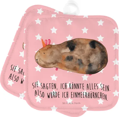 Produktbild von Mr. & Mrs. Panda Topflappen Einhorn Meerschweinchen - Rot Pastell - Geschenk, Einhörner, Topfuntersetzer, Kochlappen, Meerhörnchen, Ofenlappen, Unicorn, Meerschwein, Set