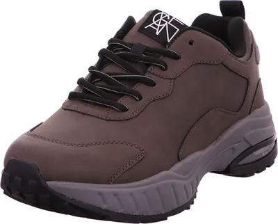 A single brown sneaker with black laces and a gray sole is shown against a white background.