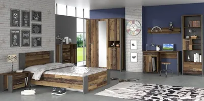 Produktbild von Jugendzimmer Clif  4 teiliges Komplett Set in Dunkelgrau und Old- Wood Vintage