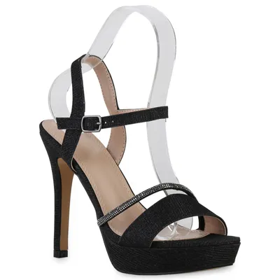 Produktbild von VAN HILL Damen Sandaletten High Heels Stiletto Party Strass Glitzer Schuhe 840248, Farbe: Schwarz, Größe: 39