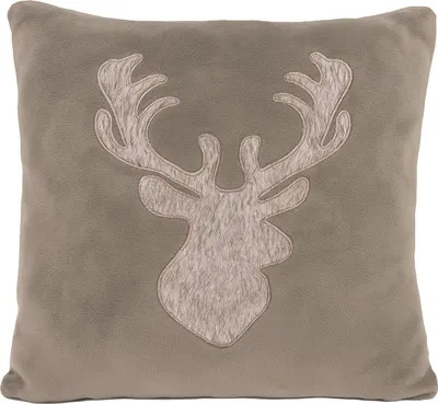 Produktbild von Heimtexland Dekokissen Hirsch Landhaus Soft Flanell Kissen gefüllt Fell-Imitat Hirschkopf Chalet Hüttenstil Kuschelkissen 45x45 Geschenkidee Weihnachten Typ903 taupe