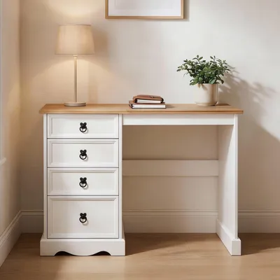 Produktbild von Schreibtisch CAMPO im Landhausstil, eleganter Tisch aus massiver Kiefer, Bürotisch mit Schubladen
