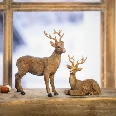 Produktbild von 2x Figur "Hirschpaar" Hirsch Deko, Figurenset 10 & 16 cm hoch, Weihnachtsdeko, naturgetreue Hirschfigur stehend & liegend
