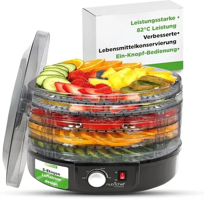 Zdjęcie produktu dla Suszarka do żywności z 5 półkami – czarna. Suszarka do mięsa, owoców, grzybów i warzyw, wolna od BPA, z regulacją temperatury do 82°C, o mocy 300W, cicha i łatwa w czyszczeniu