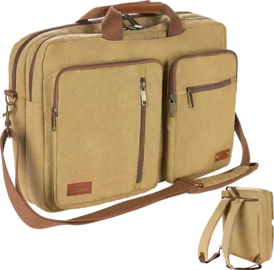 Produktbild von BRUBAKER Vintage taška cez rameno "Safari" - Poly Canvas aktovky - Retro taška na notebook Business Bag s funkciou batohu - 3 v 1 taška - Brown