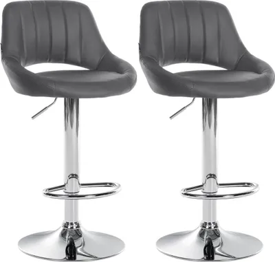 Imagen del producto de Conjunto de 2 taburetes de bar ajustables, con asientos de imitación cuero, giratorios 360°. Color: Gris. Material de la base: metal con acabado cromado
